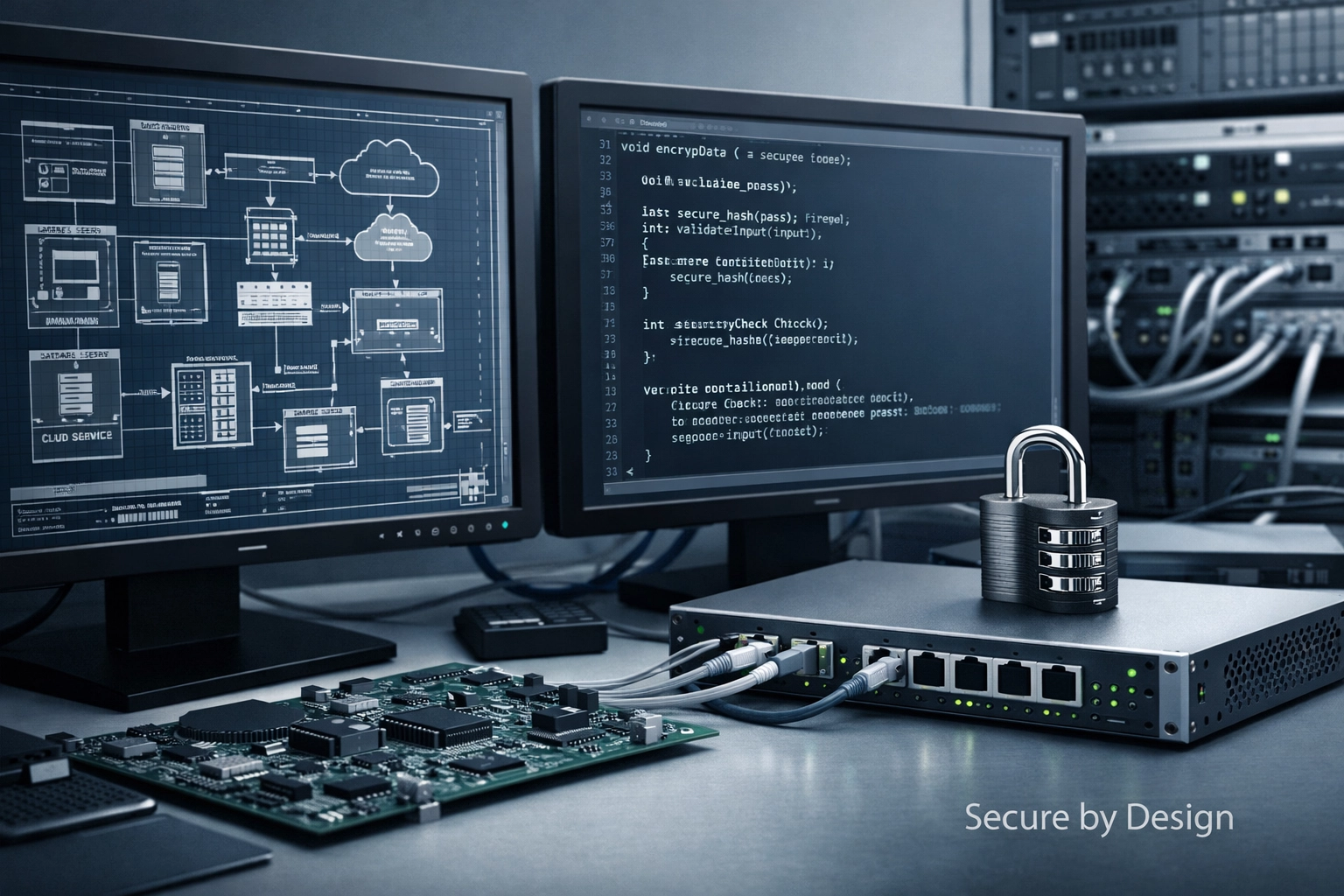 Realistic secure-by-design bespoke software development visual with technical blueprint screens.