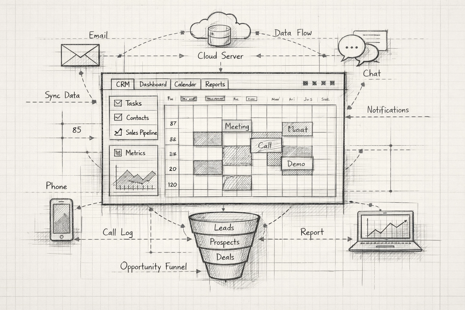 Blueprint sketch of a CRM dashboard illustrating automated appointment setting and sales pipeline integration.