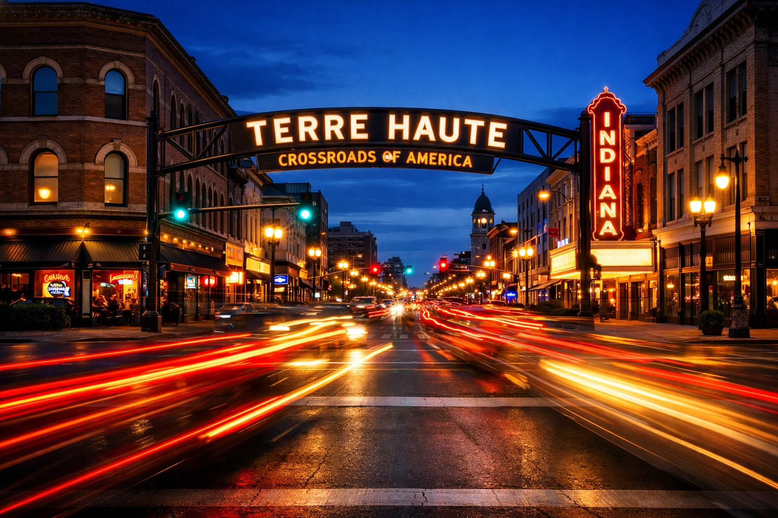 Busy evening traffic in downtown Terre Haute, the Crossroads of America, during peak business hours.