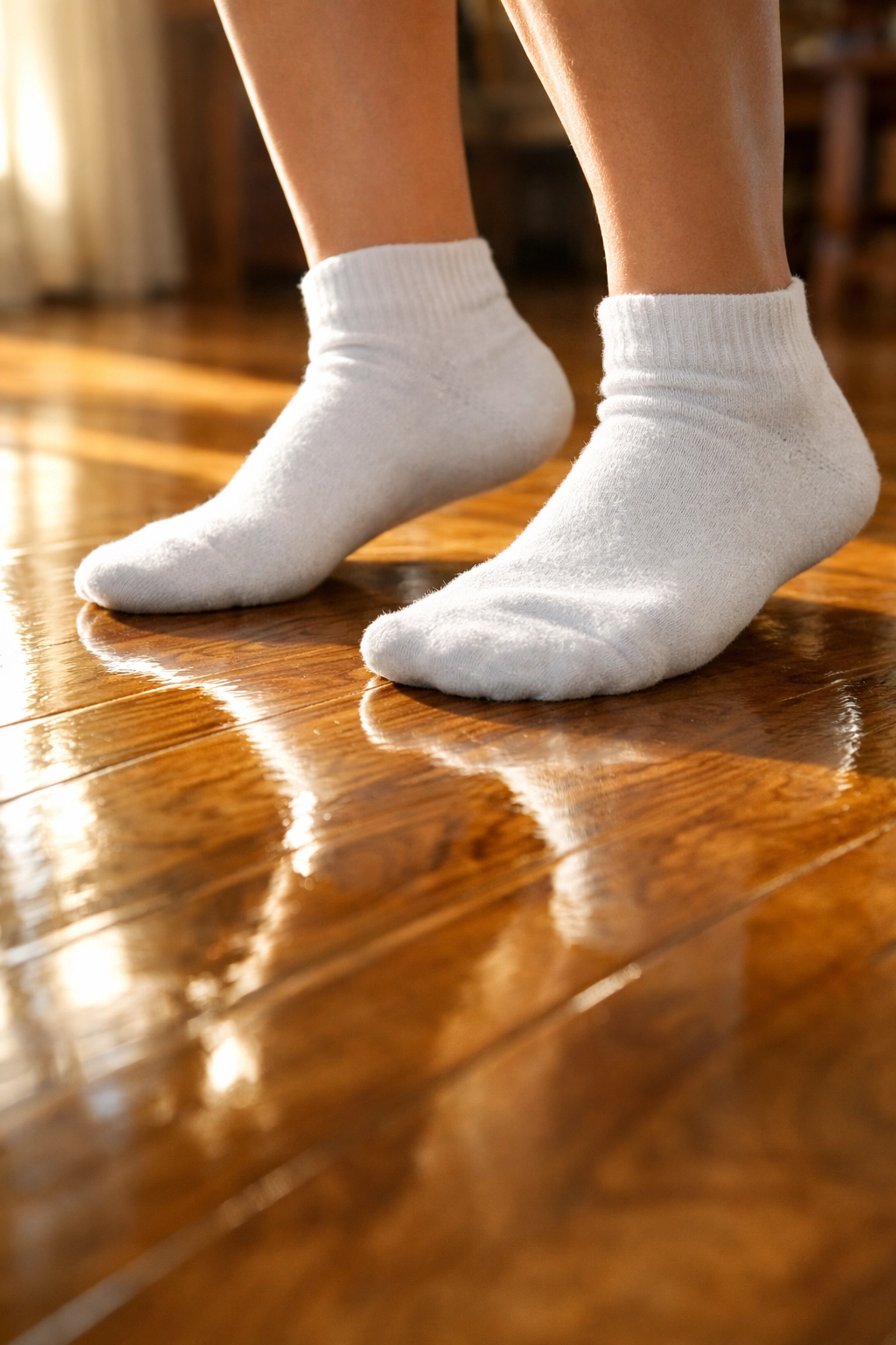Feet in white socks on slippery hardwood floor demonstrating fall hazard