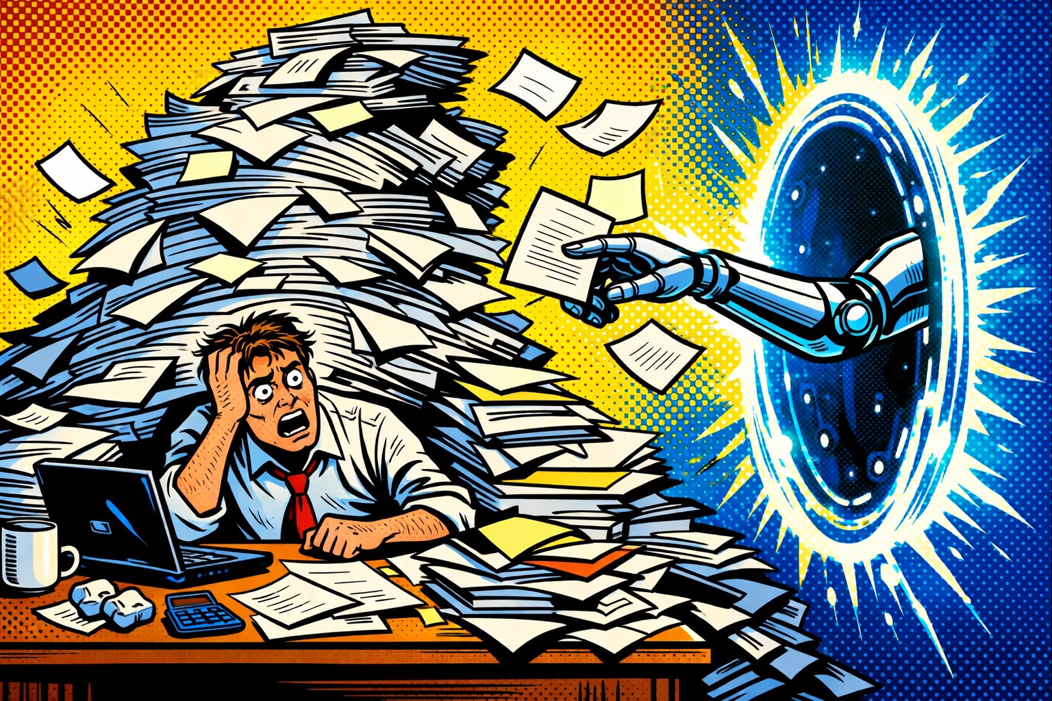 Robotic arm clearing paperwork for a small business owner using business automation tools.