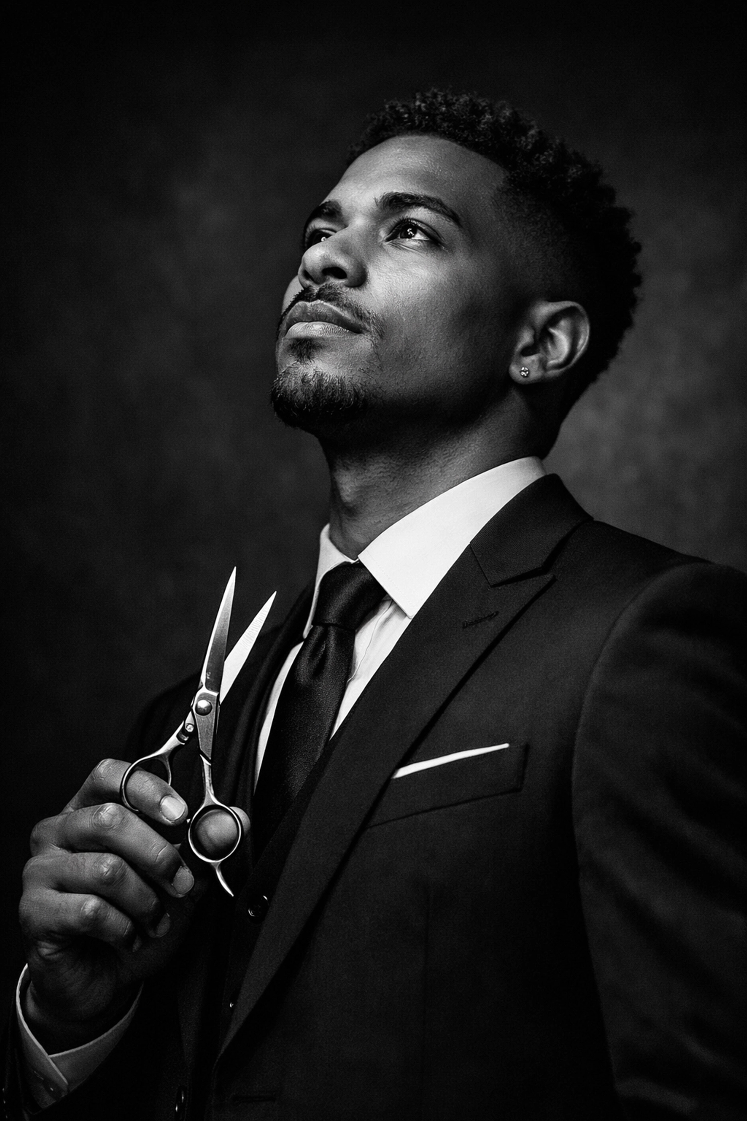 A professional barber student holding shears, representing X-Quisite Cutz scholarship opportunities in Ohio.