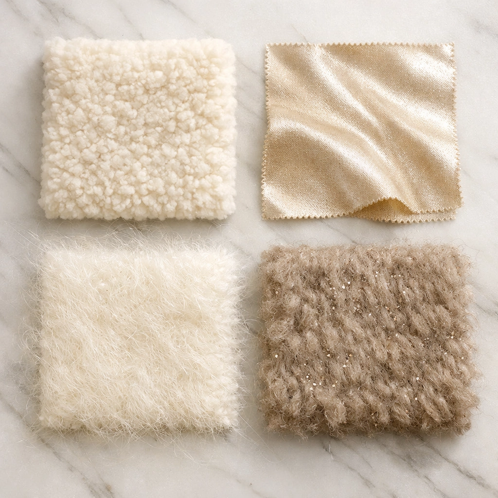 Luxury rug material swatches including merino wool, silk, mohair and alpaca fibers