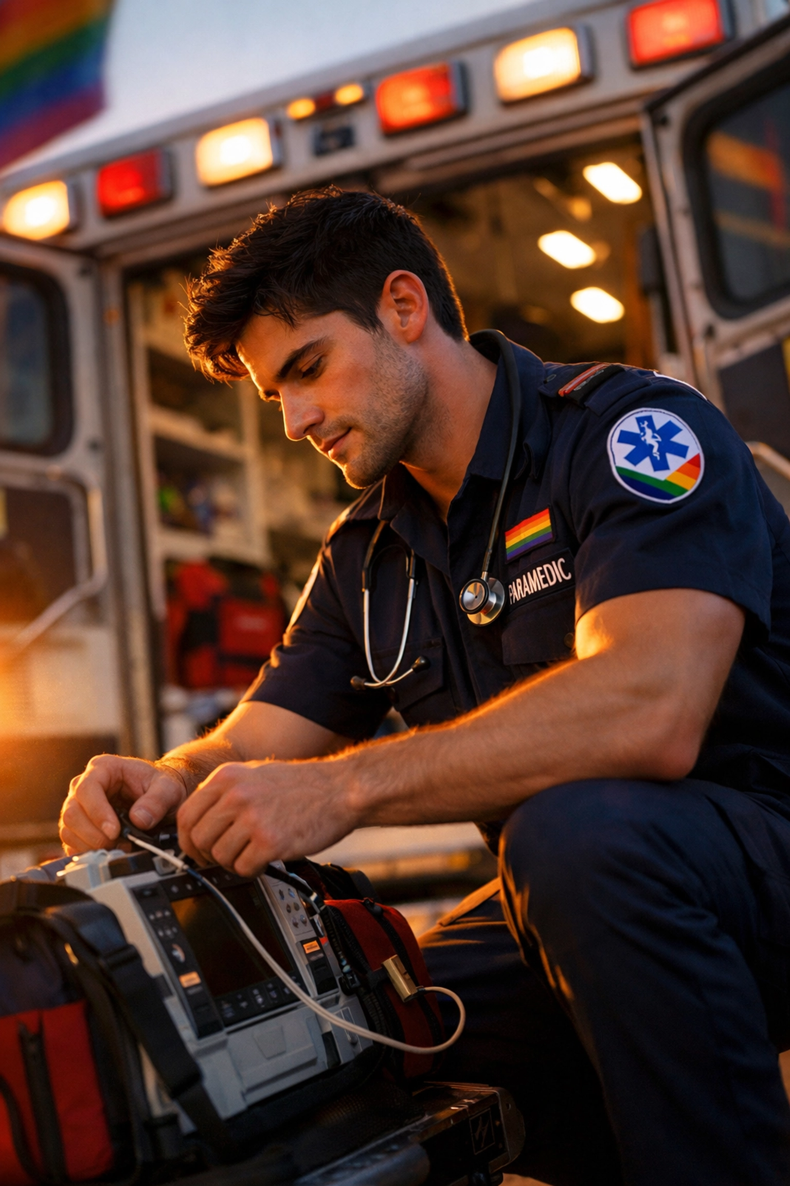 Male paramedic in uniform preparing medical equipment beside ambulance for MM romance story