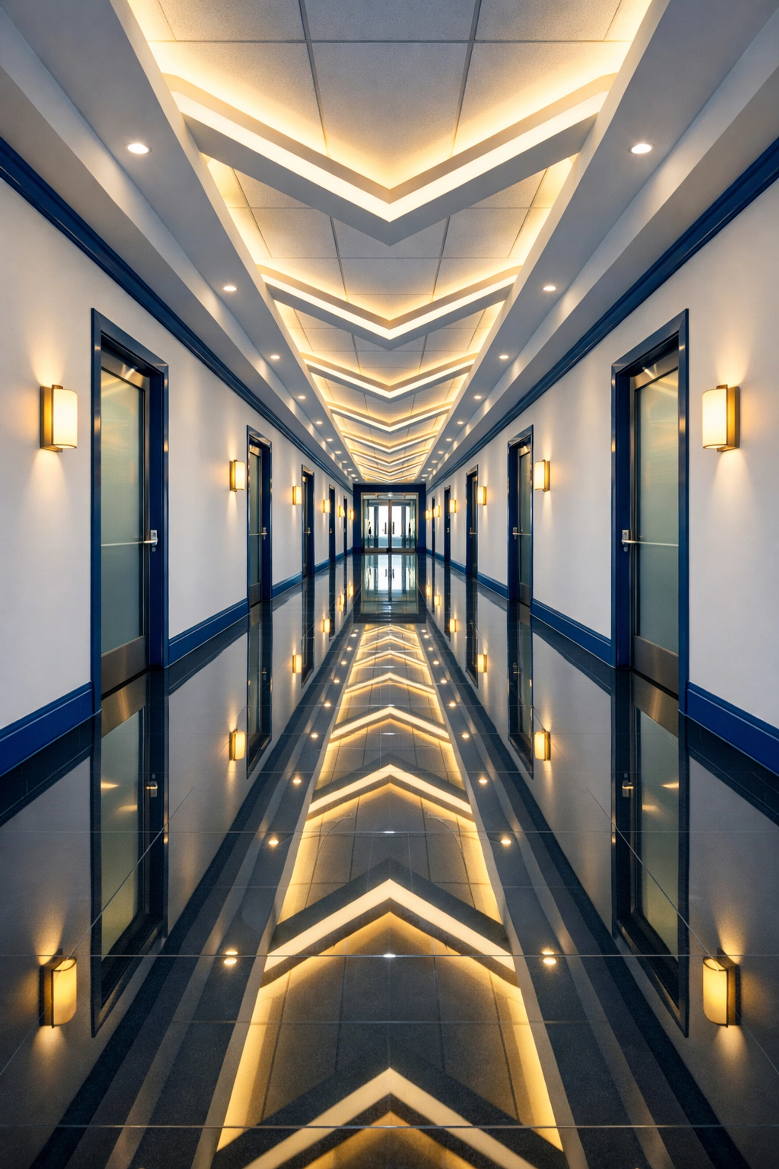 Highly polished commercial hallway in a Mansfield business park, reflecting professional janitorial and floor care services.