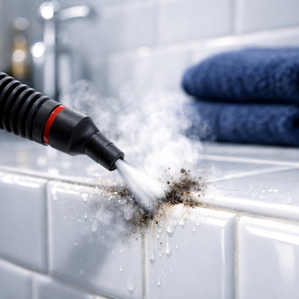 Macro view of a steam cleaner lifting dirt from bathroom tile grout for a deep green clean.