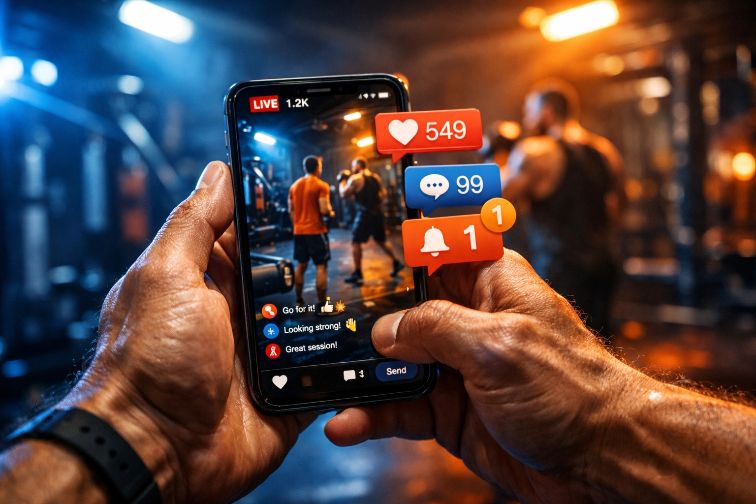 Athlete creating social media content on smartphone during training session for personal brand building