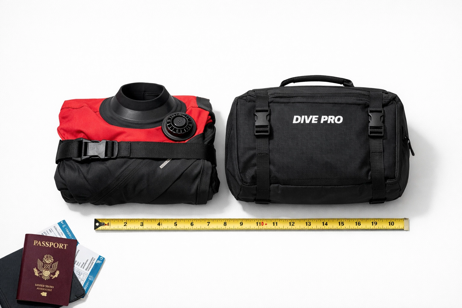 Kompakt gepackter Trockentauchanzug mit Reisetasche für Taucher unterwegs