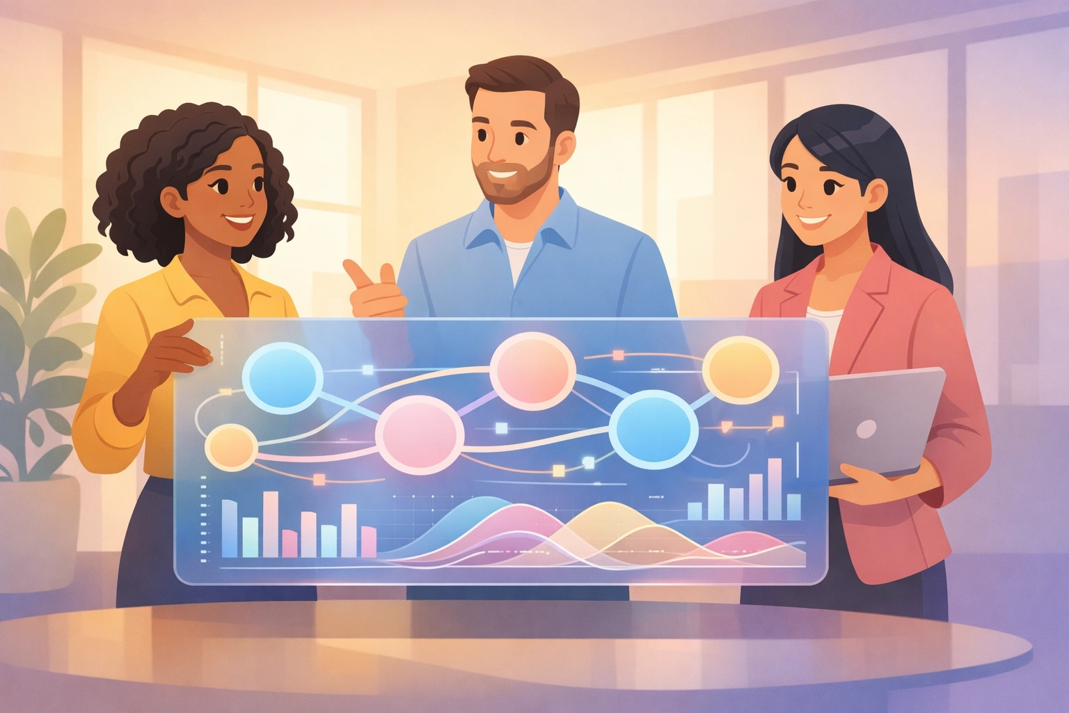 Business team collaborating around unified dashboard with real-time data visibility and insights