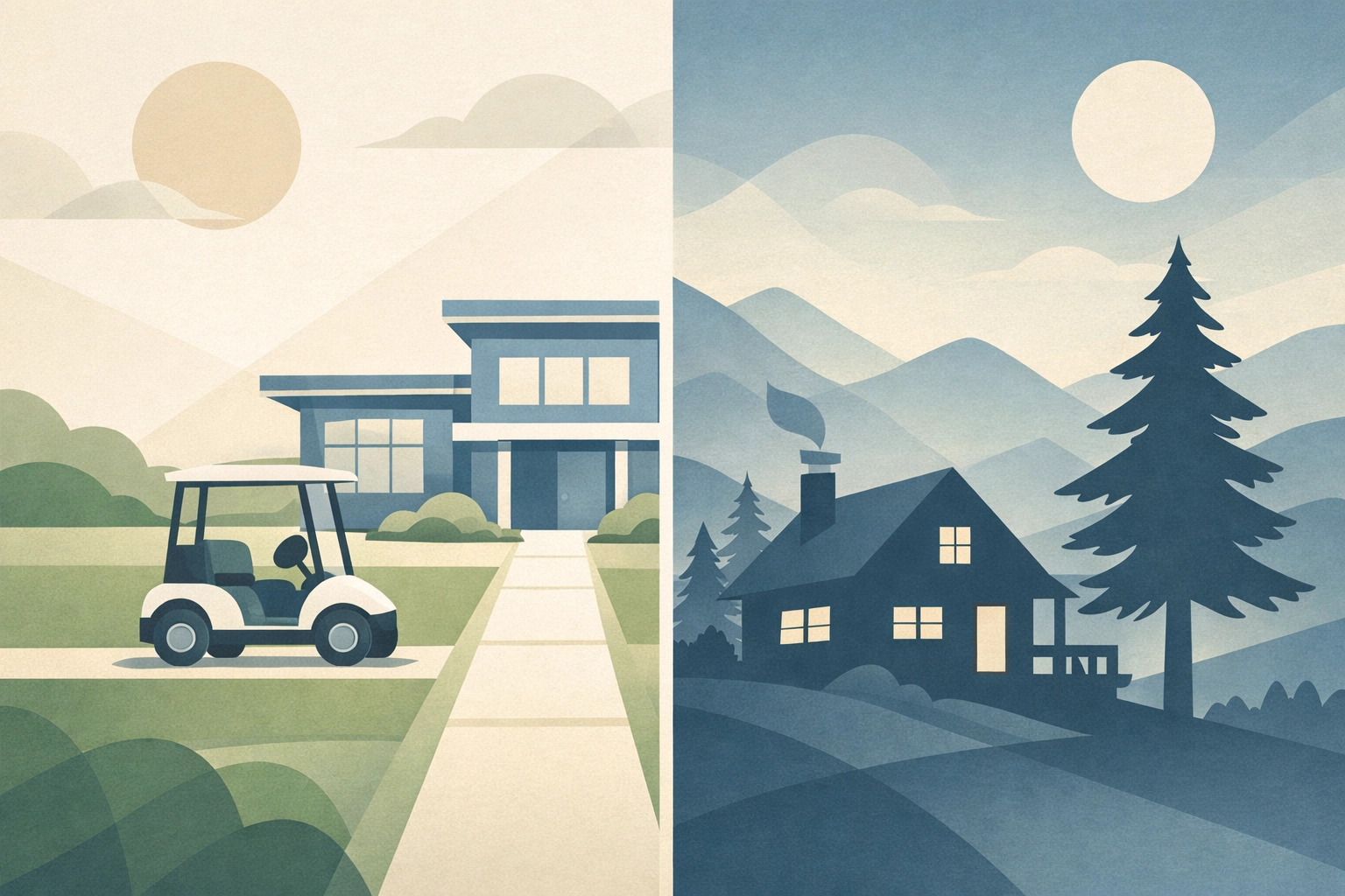 Comparison illustration of modern Liberty Lake neighborhoods and rustic North Idaho homes for sale.
