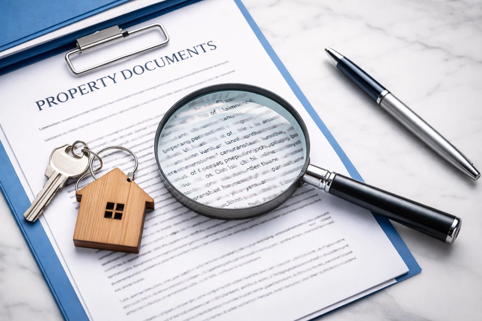 Magnifying glass over property documents and house key illustrating thorough title search in Fort Lauderdale