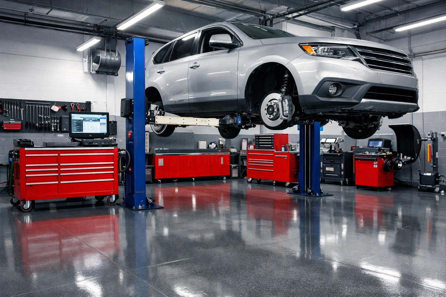 Modern auto repair shop with a car on a lift receiving expert brake repair in Chicago to ensure commuter safety.