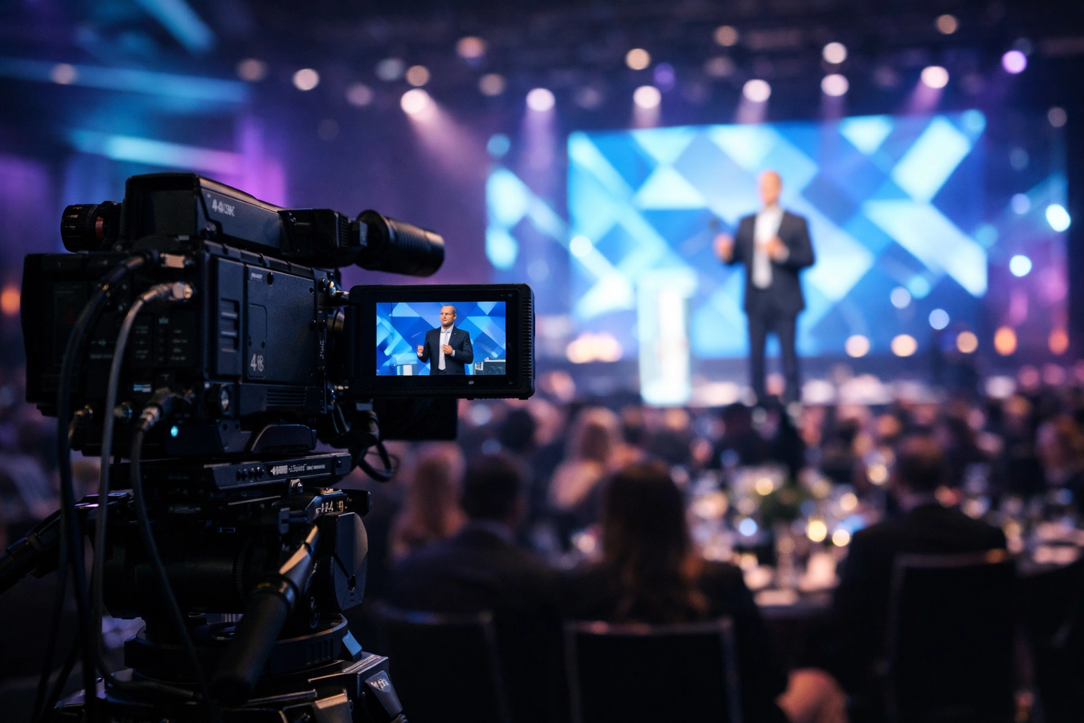 Professional camera setup for hybrid event production capturing a keynote speaker for high-quality live streaming.
