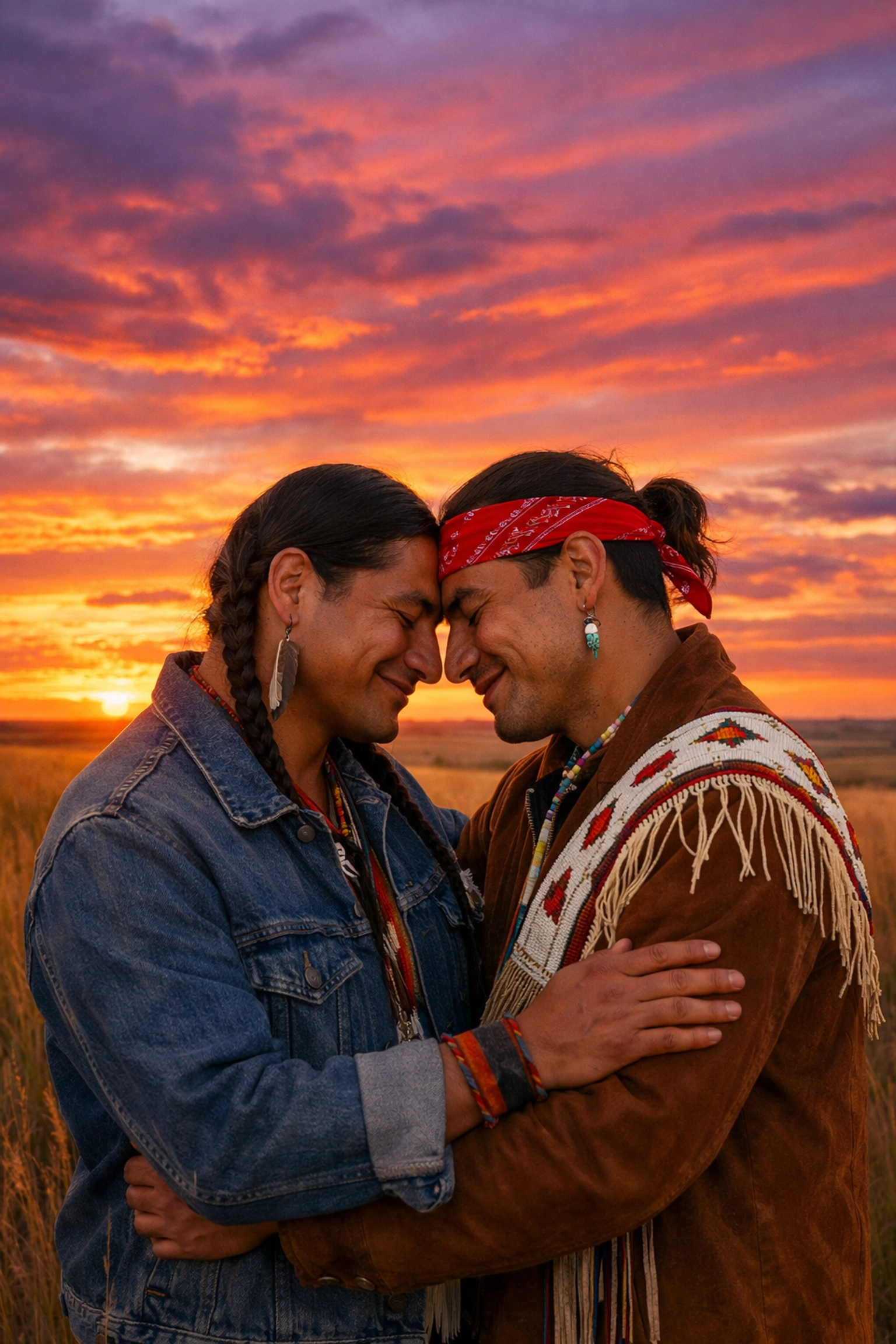 Two Indigenous men embracing under prairie sunset in MM romance celebrating Two-Spirit love