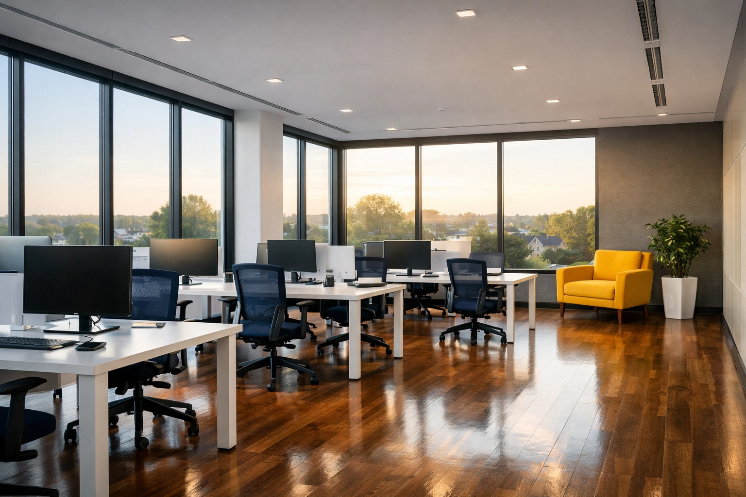 A pristine modern open-plan office in Franklin Massachusetts professionally cleaned for workplace productivity.