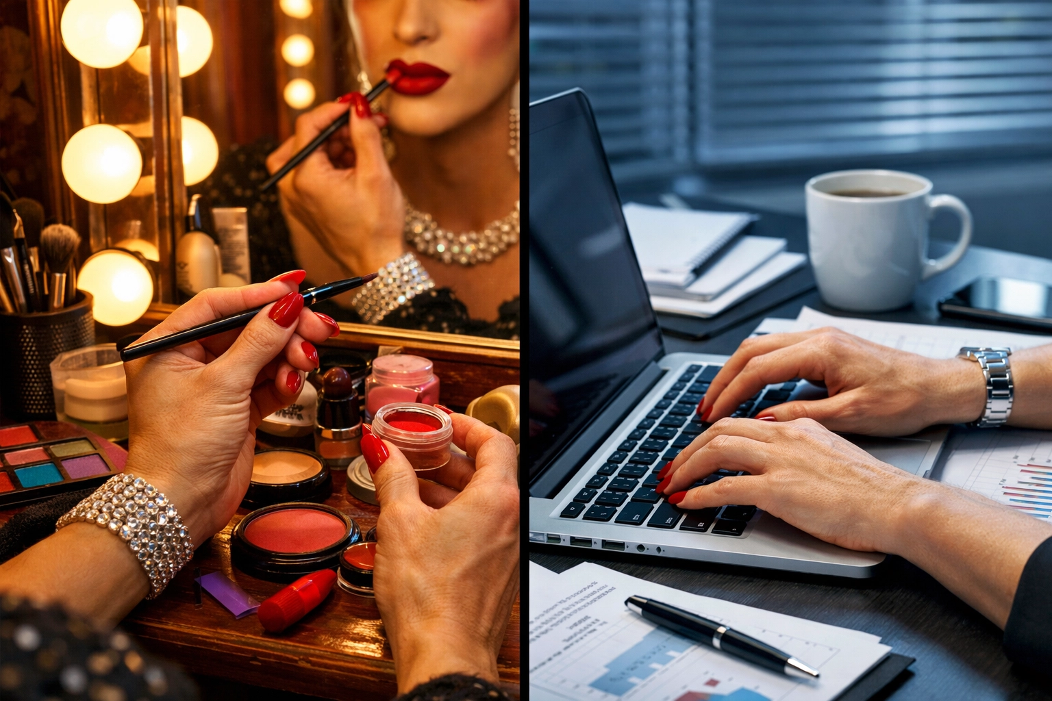 Drag performer dual life contrast applying stage makeup and working office day job at desk with laptop