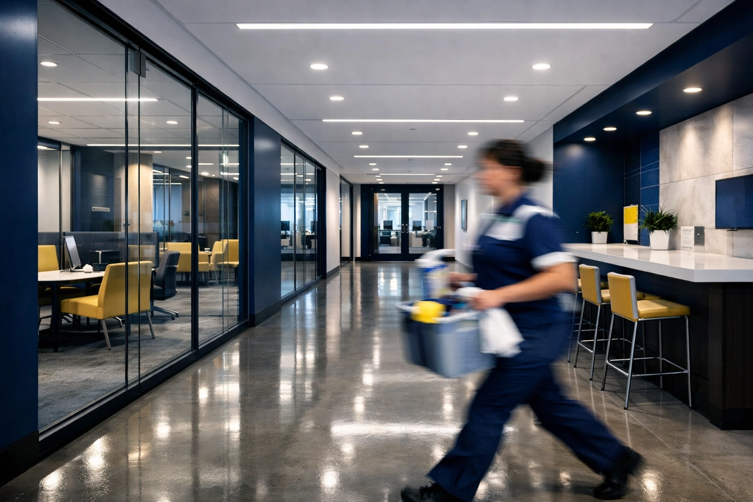 Professional commercial cleaning services in a modern Westborough office hallway with polished floors.