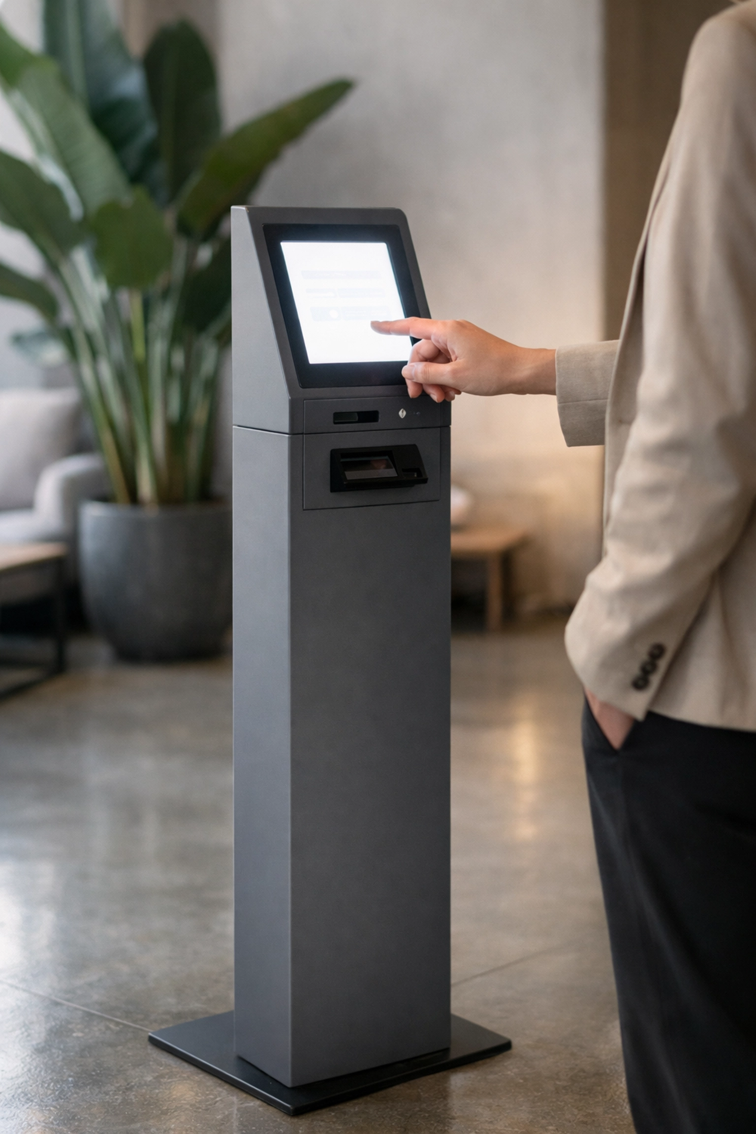Guest using self-check-in kiosks in a boutique hotel lobby for faster, queue-free arrivals