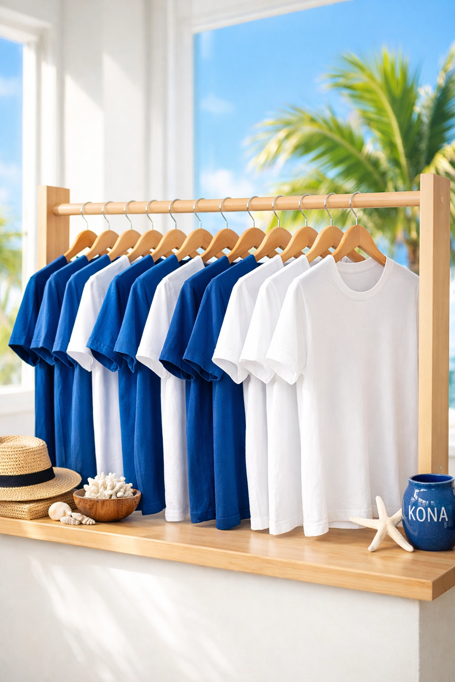 Modern boutique display in Hawaii showcasing custom blue and white t-shirts on a minimalist clothing rack.
