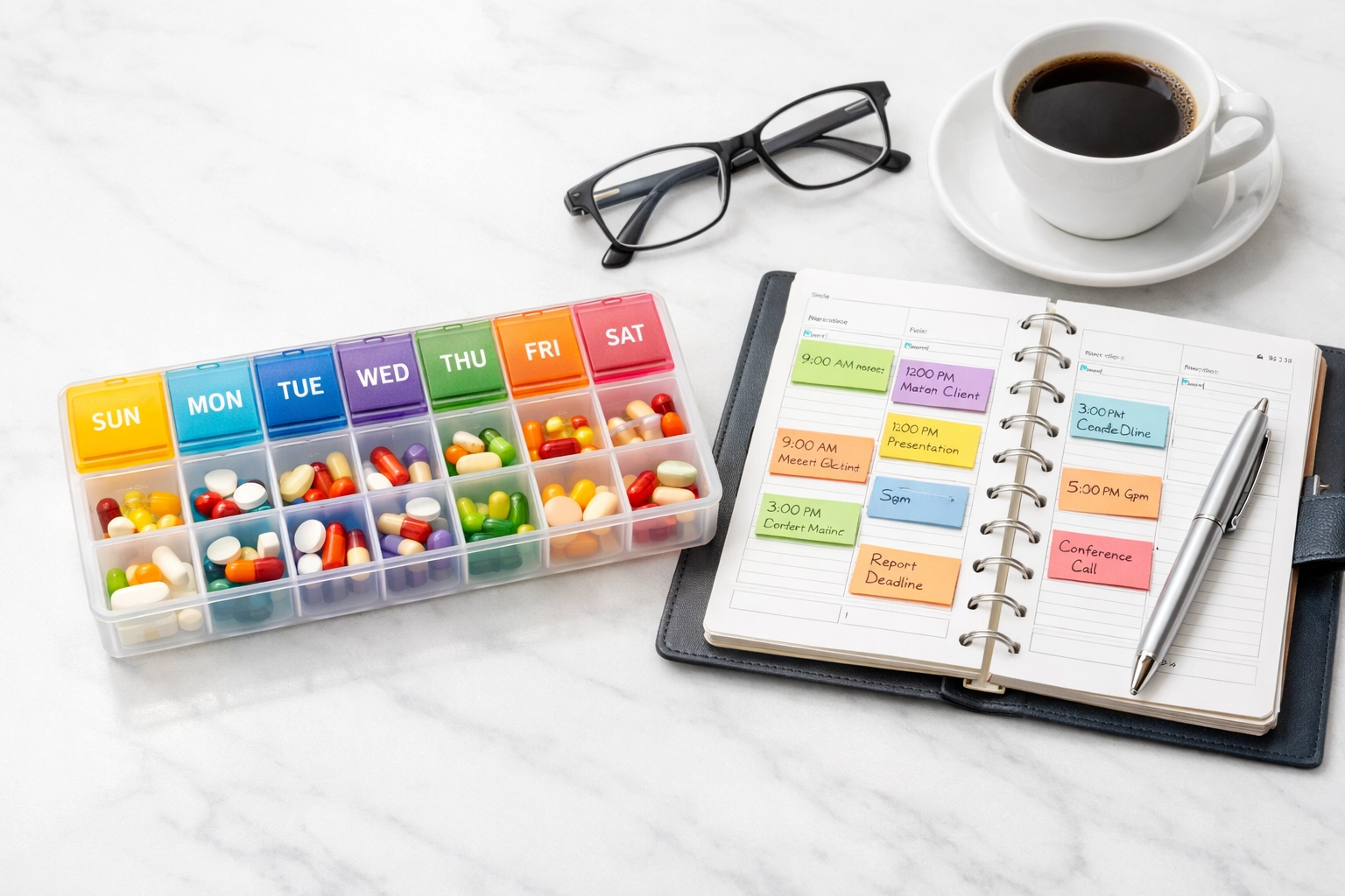 Once-weekly semaglutide medication organizer next to professional planner on desk