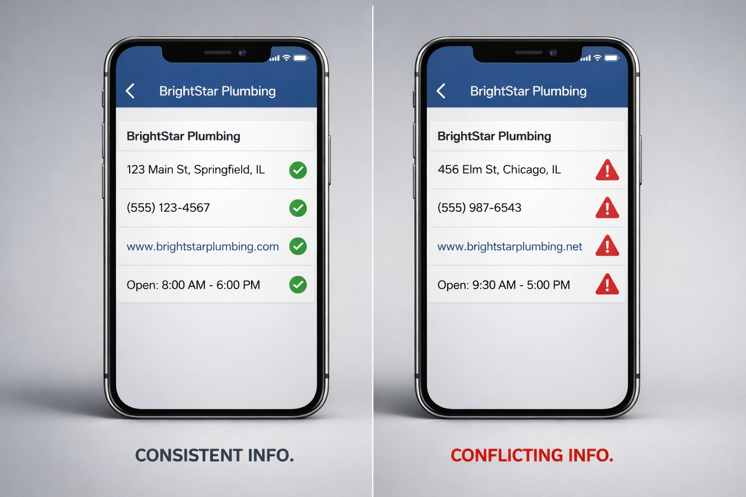 Side-by-side comparison of consistent versus inconsistent business listing information