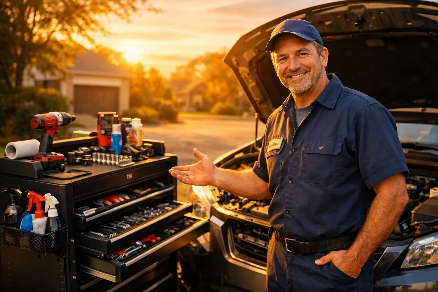 Expert mobile mechanic in Green Bay standing by a vehicle with a professional tool setup.