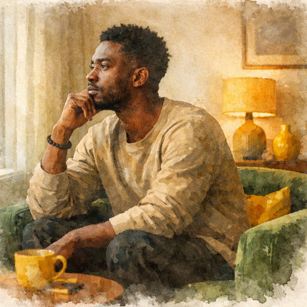 A young man reflecting on internal worry and signs of anxiety in a peaceful, modern living room setting.