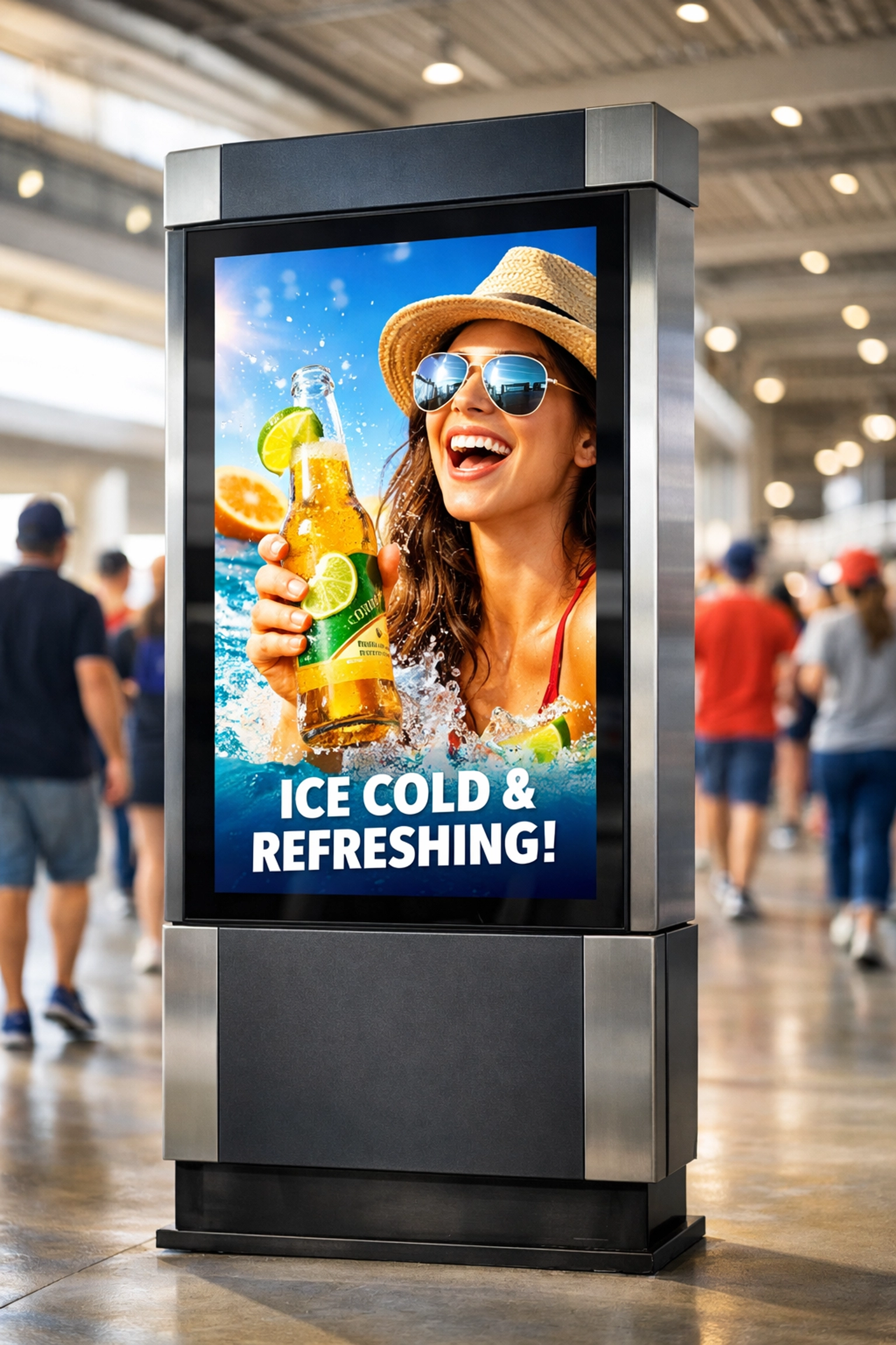 A high-tech digital advertising kiosk in a stadium concourse showing a dynamic beverage ad to fans.