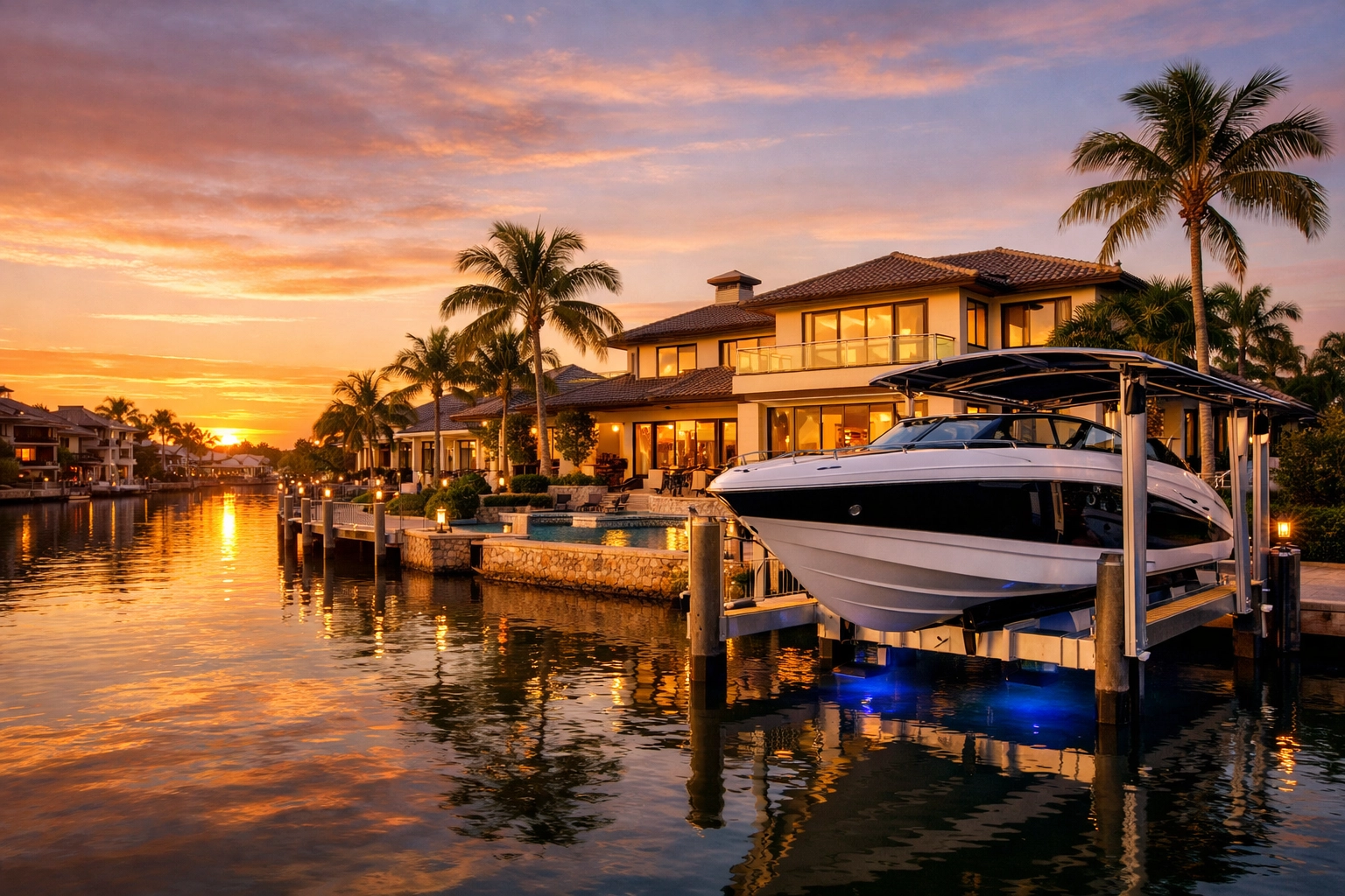 High-end SWFL waterfront home featuring a boat lift and canal view during golden hour.