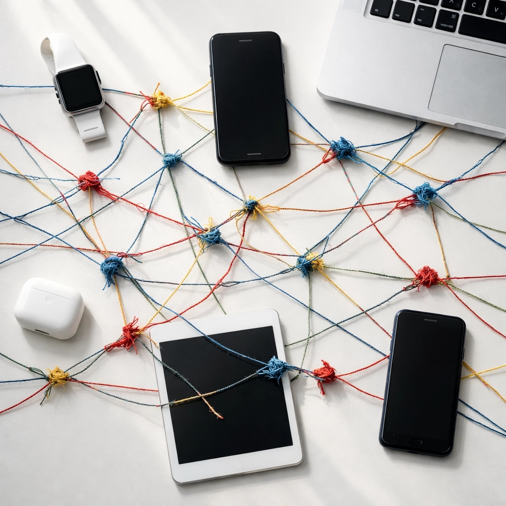 Tangled connections between devices illustrating broken user journey tracking in GA4