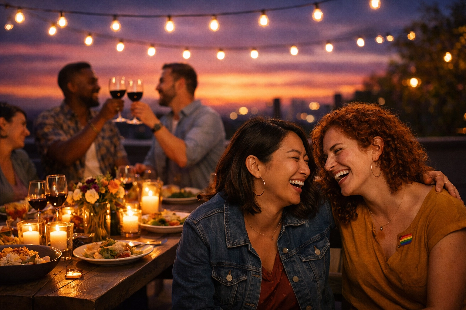 LGBTQ+ friends at a dinner party, celebrating chosen family and community milestones.