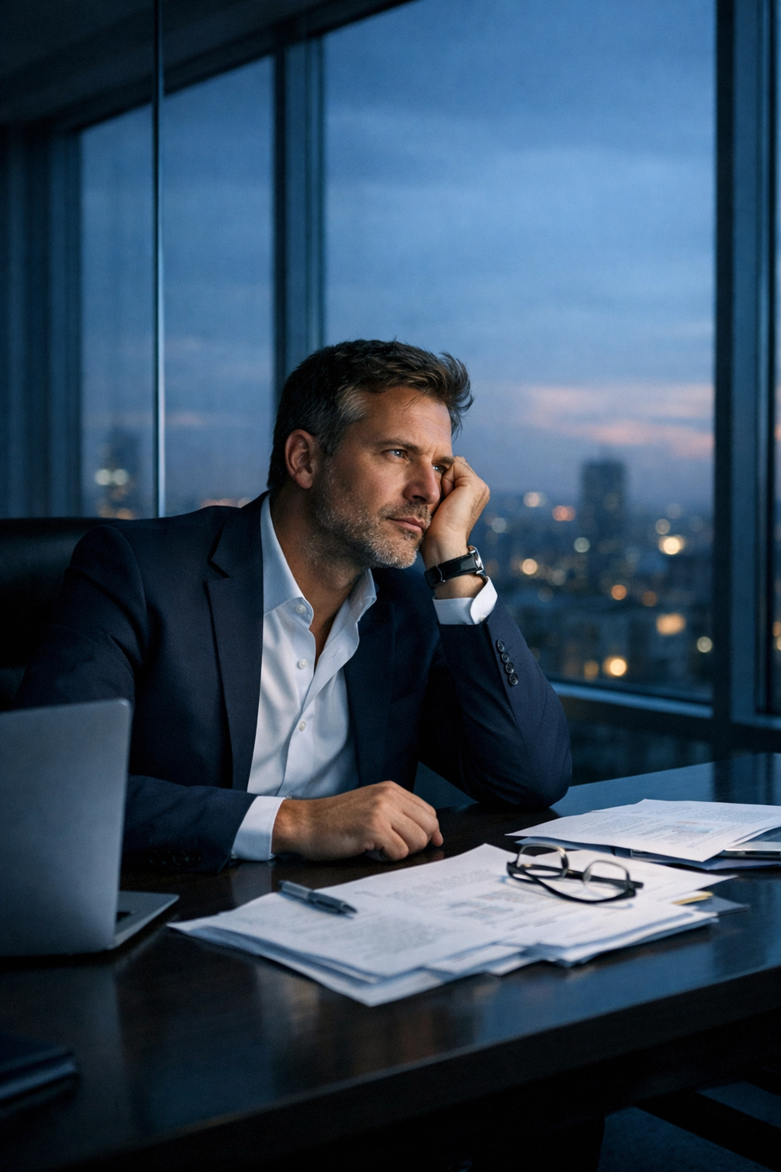 Exhausted executive experiencing leadership burnout in office