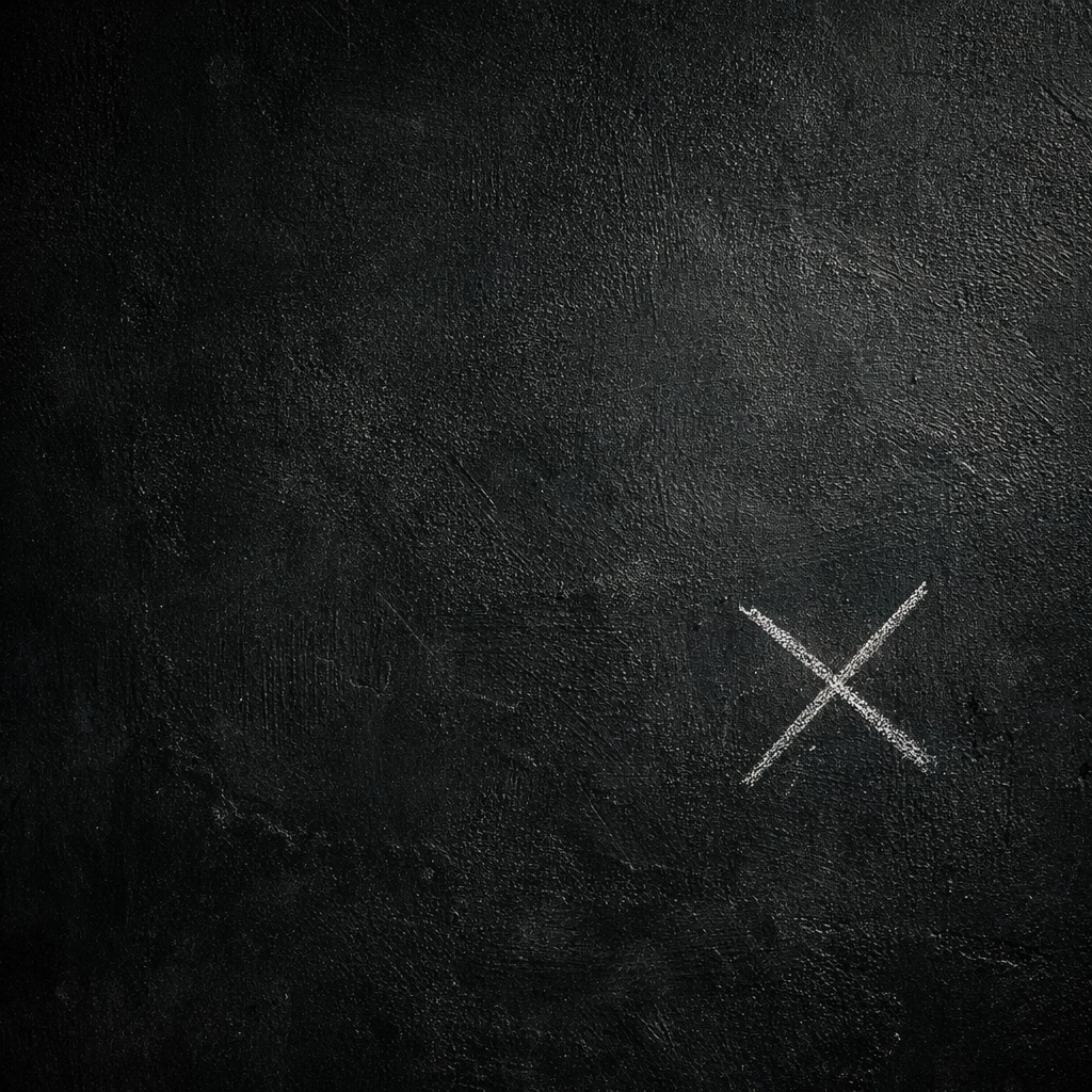 A white chalk X on a dark textured wall representing an unresolved and honest end to a professional essay.