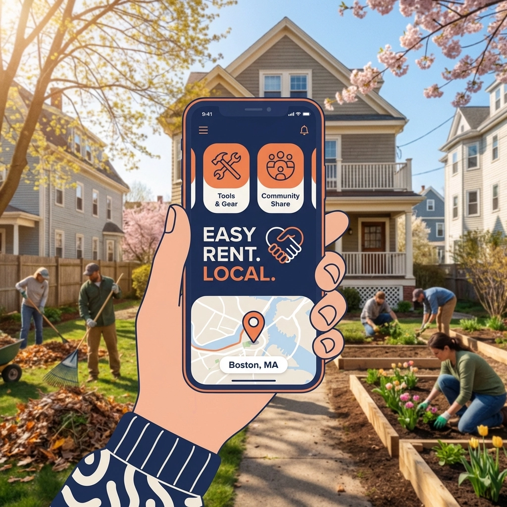 Smartphone displaying rental app interface for Chartrflex, with a Boston backyard spring cleanup in progress.