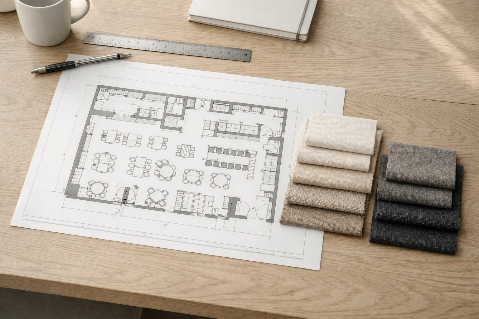 Professional furniture layout planning with commercial upholstery fabric swatches on a designer's desk.