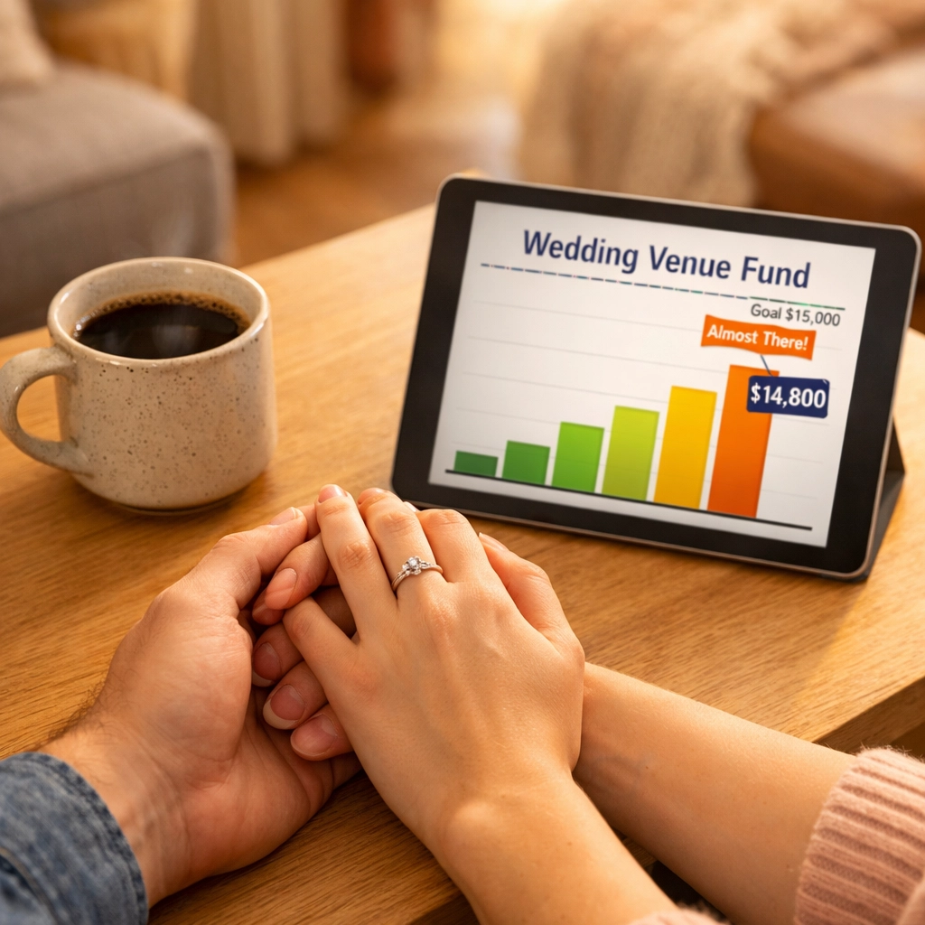 A couple checking their wedding venue fund progress on a digital tablet for a debt-free wedding.