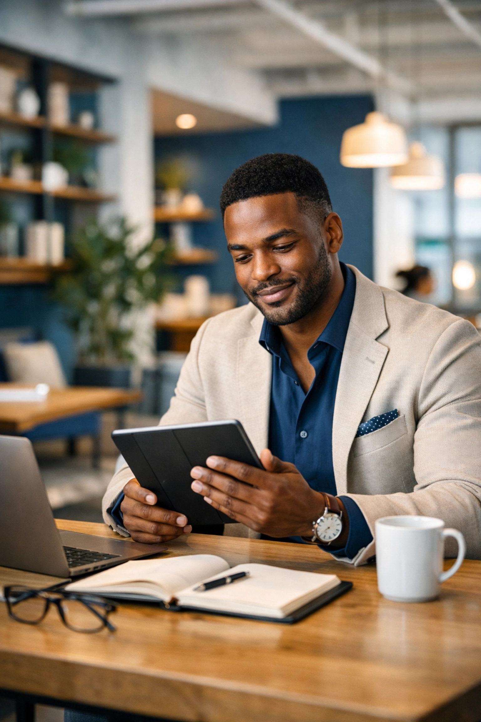 An African-American professional practicing new skills and building self-confidence in a modern workspace.