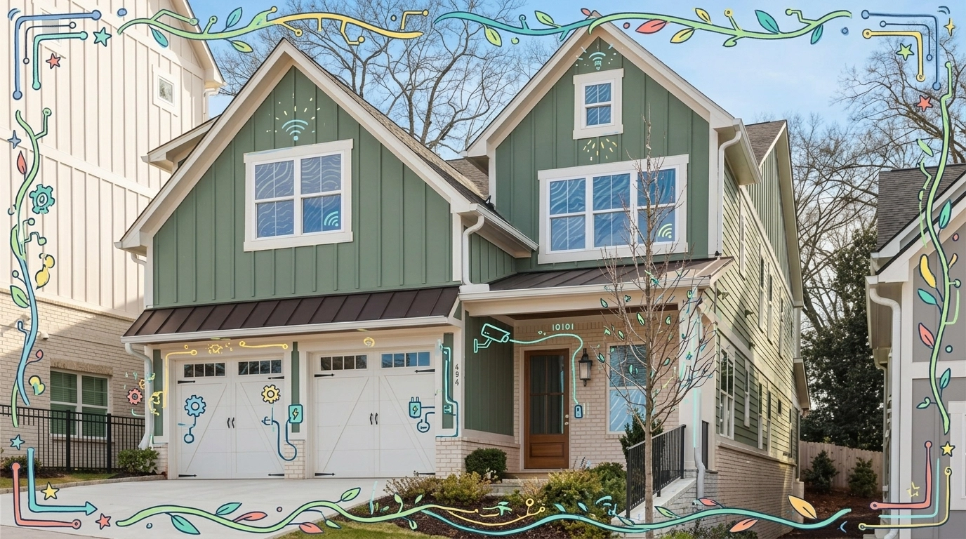 A beautiful craftsman-style home in an Acworth neighborhood with professional landscaping and playful hand-drawn frame accents