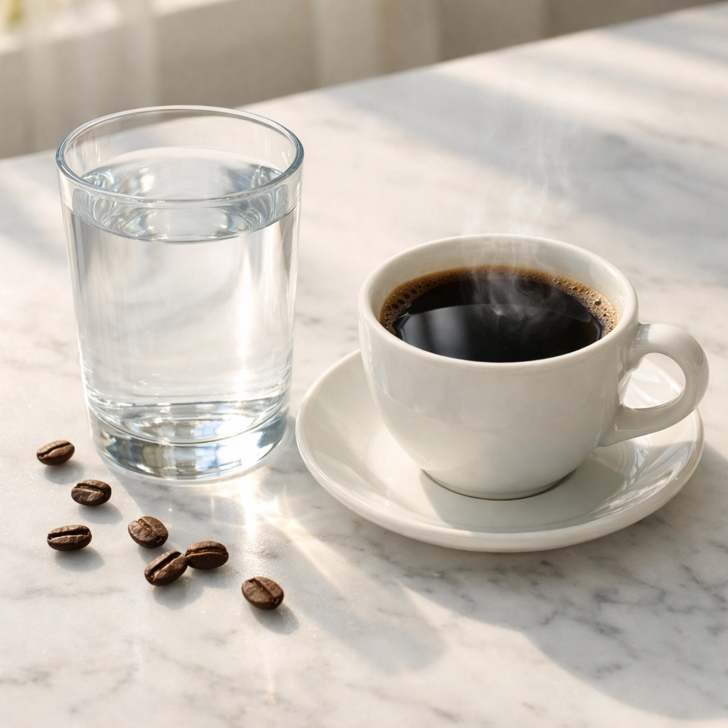 Glass of water and coffee cup side by side showing coffee contributes to daily hydration