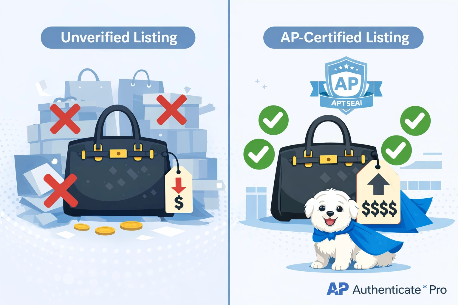 Daisy AI comparison showing higher trust and profit for AP-certified luxury resale listings.