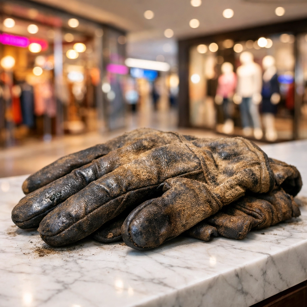 Worn work gloves on a retail mall counter, representing the shift from a manufacturing to a service economy.