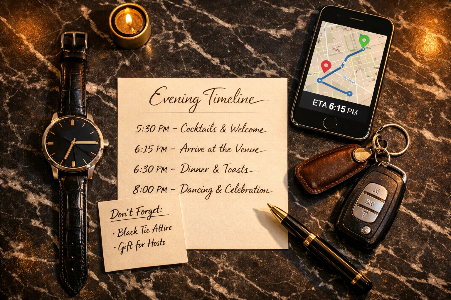 Event timeline planning materials including schedule, route map, and transportation details