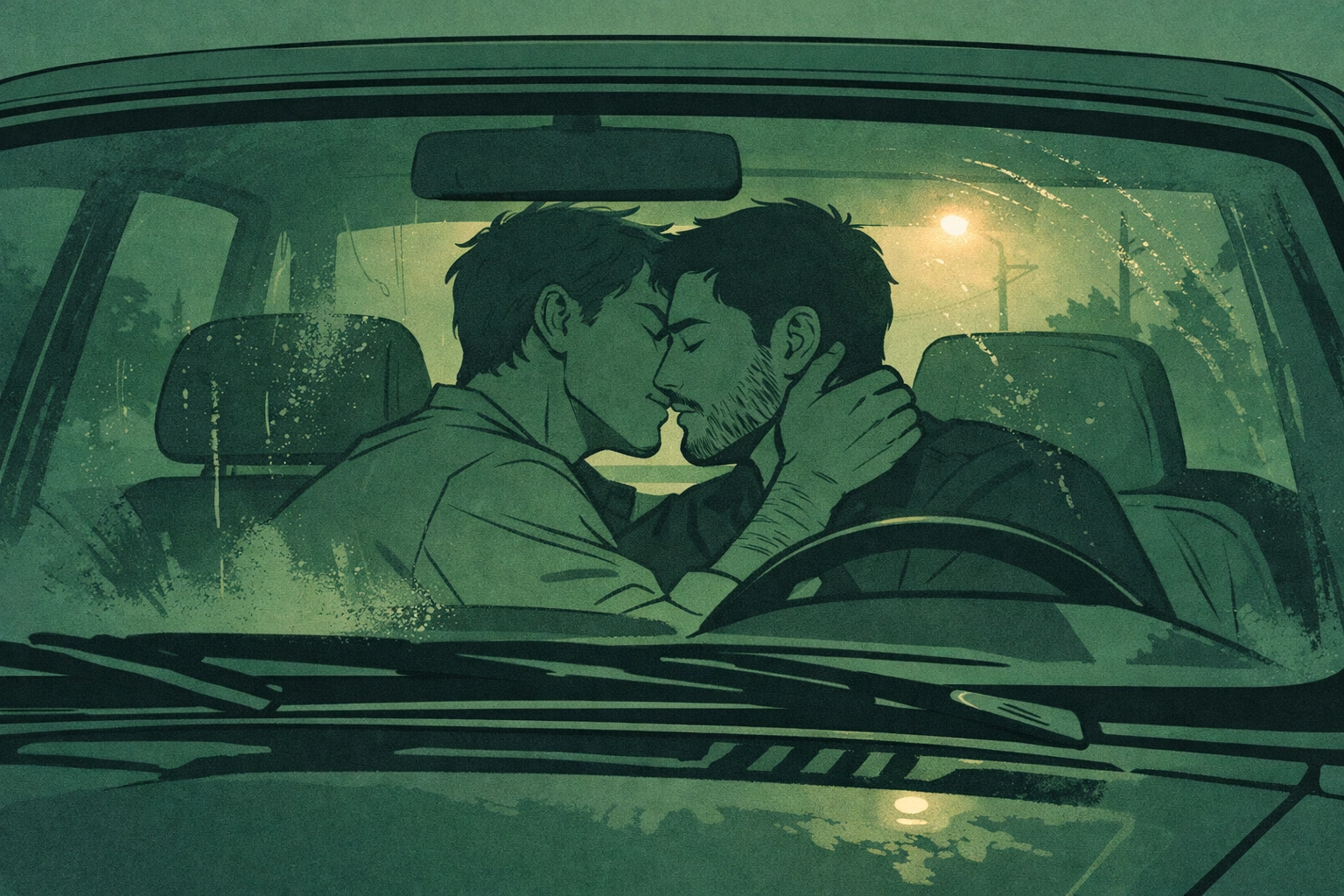 Two men close together in parked car at dusk - MM public romance illustration