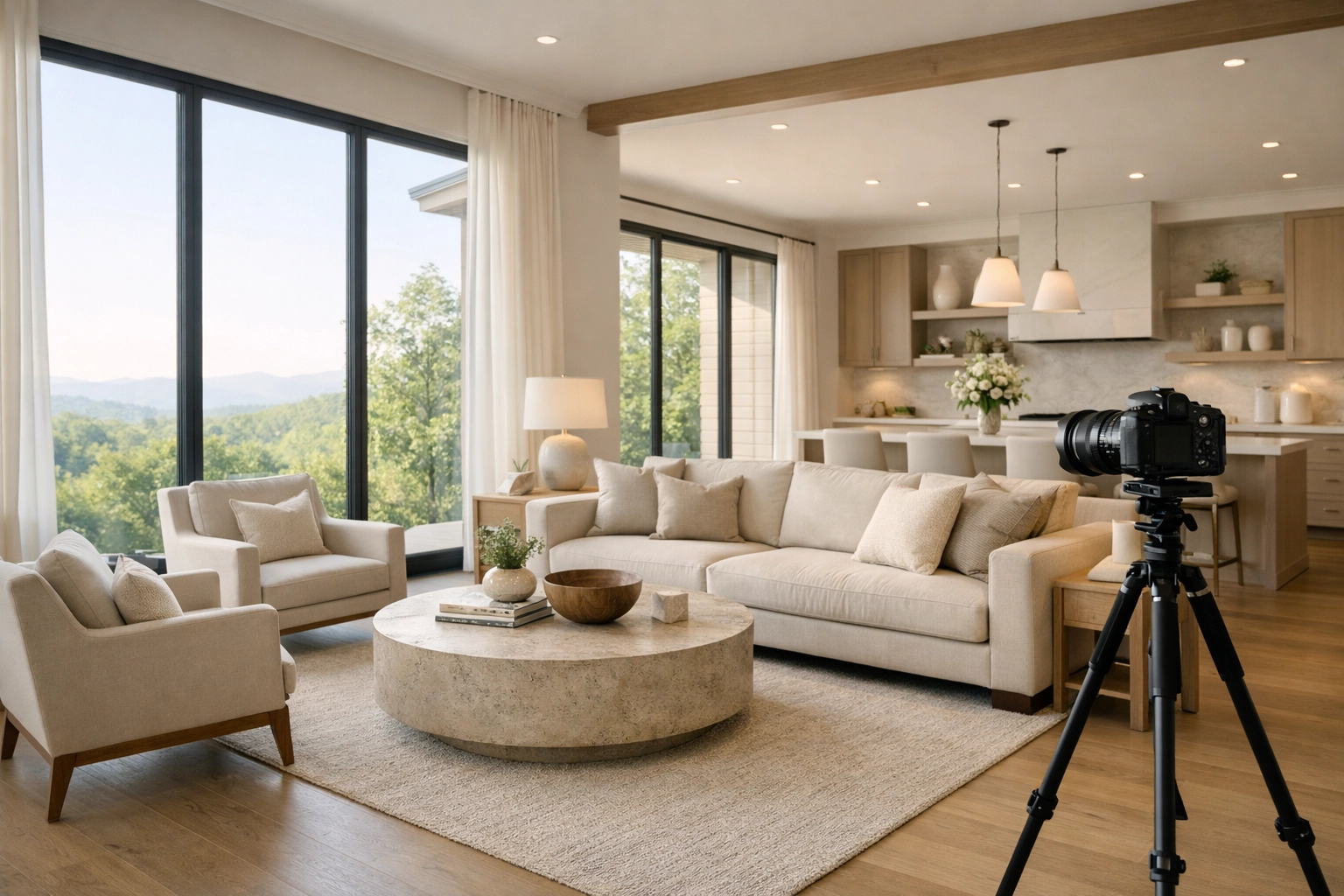 Luxury staged living room in North Carolina prepared for high-end real estate photography.