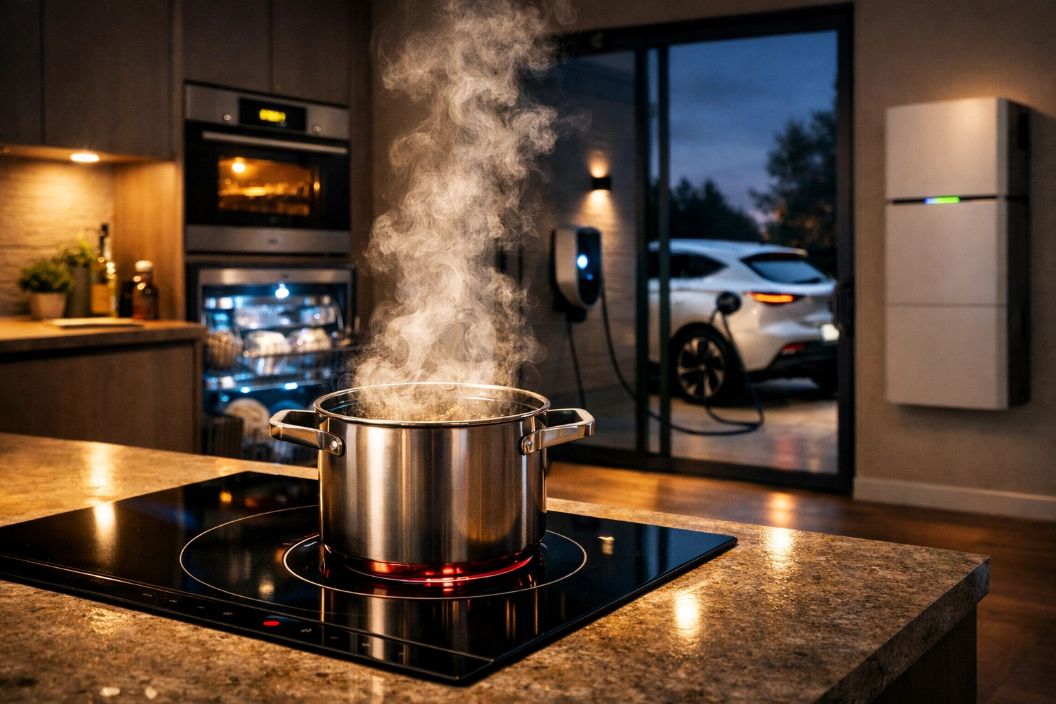 High-power home appliances and an electric vehicle charger being powered by renewable solar energy.