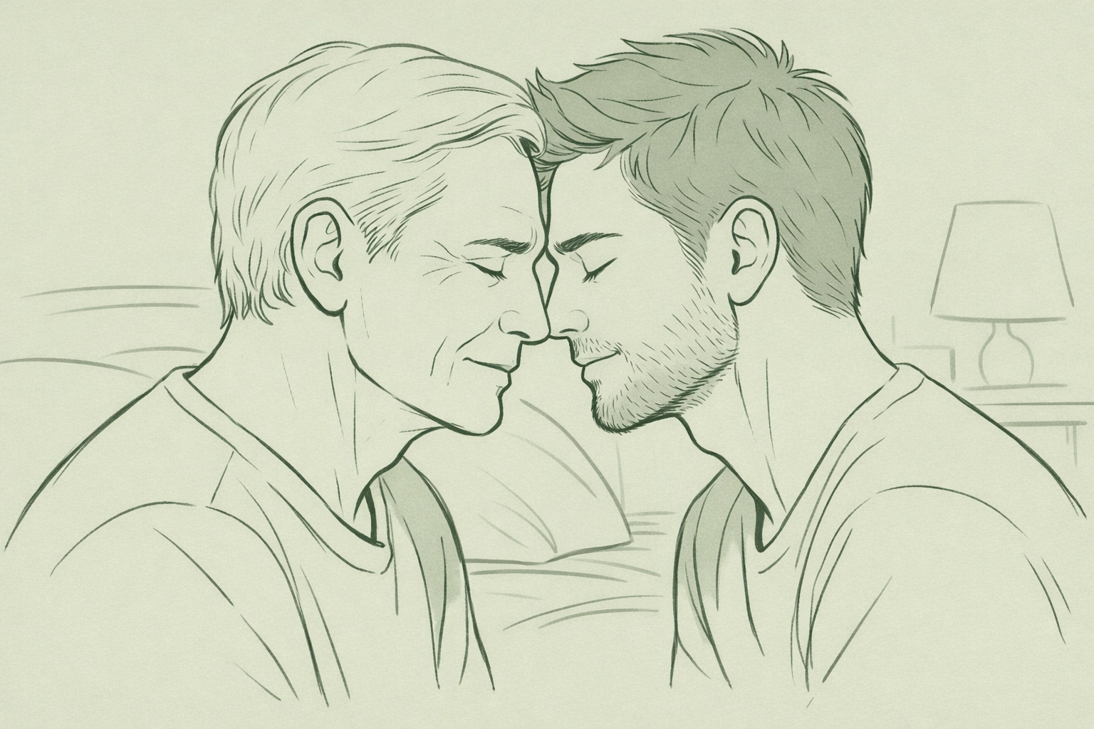 Two men in intimate moment representing generational MM love story
