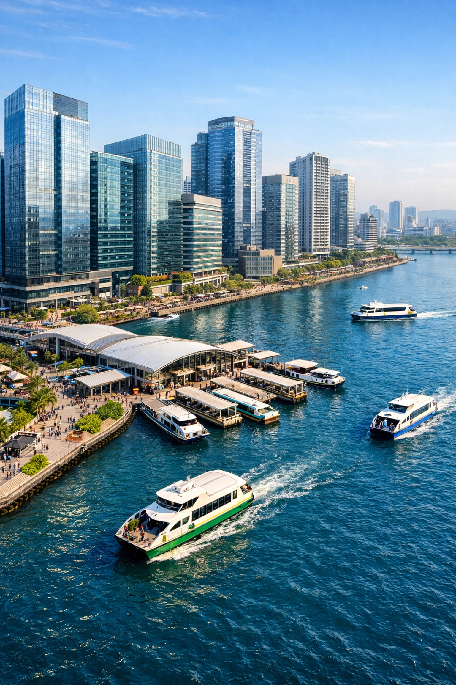 Aerial view of a thriving Mumbai Metropolitan Region waterfront business district near a ferry terminal.