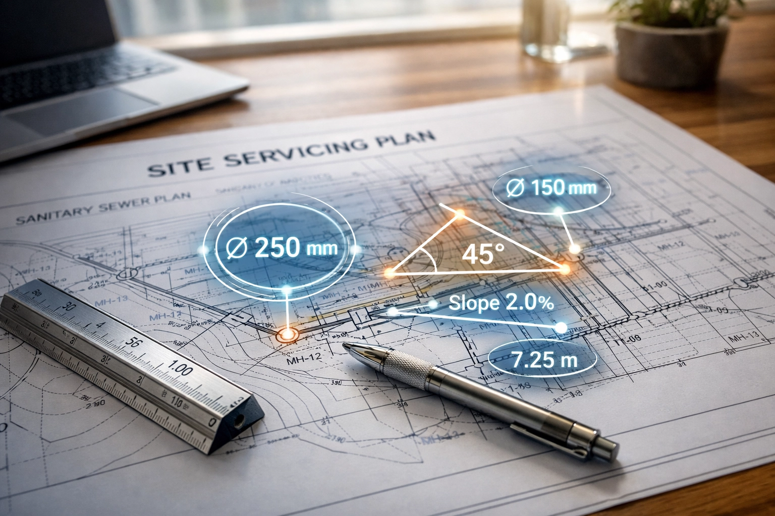 Detailed Ontario site servicing plans and sanitary sewer designs prepared by a professional engineer for a building permit.