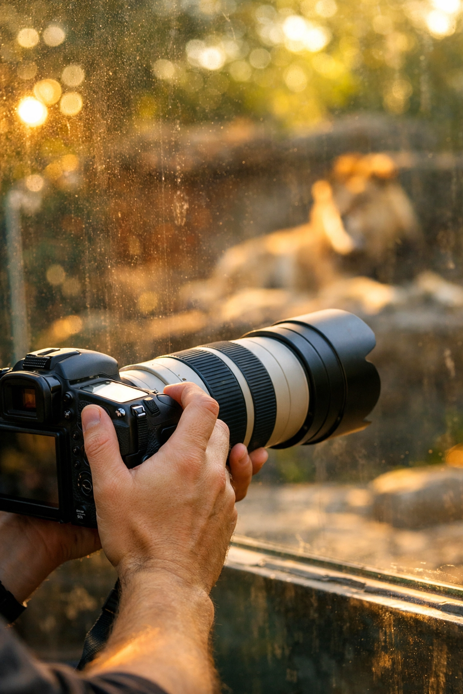 Zoo visitor capturing wildlife photography through professional camera lens at animal exhibit