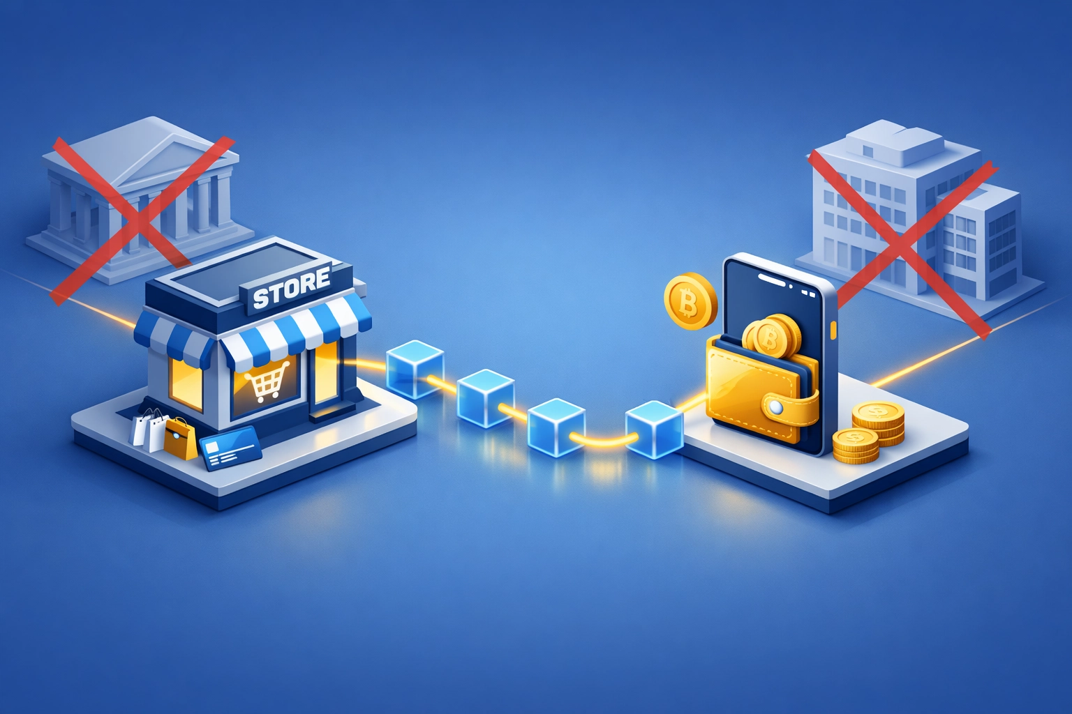 Direct blockchain payment flow from merchant to customer wallet eliminating intermediaries